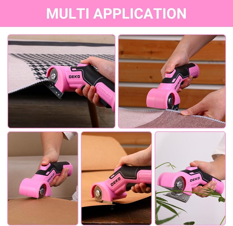 DEKOPRO Cordless Electric Scissors Cardboard Cutter: 4V 2000mAh Electric Box Cutter, Rechargeable Power Rotary Cutter with Safety Lock, 389g Carpet Cutter with 2 Blade, Type-C Charging(Pink) - Image 2